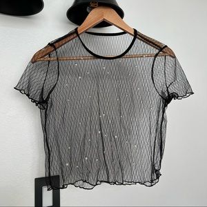 Faux pearl sheer mesh crop top